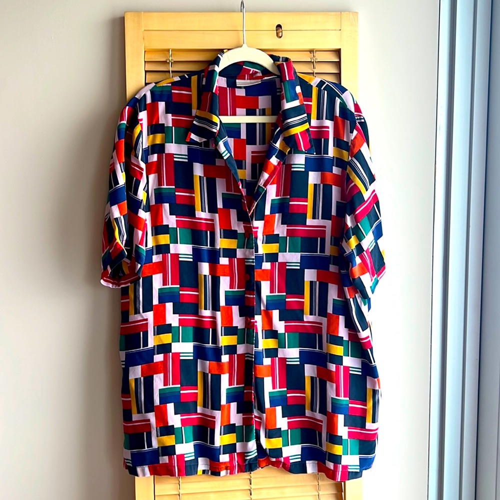Multi-color, block patterned, button down. Size 16 / Large.